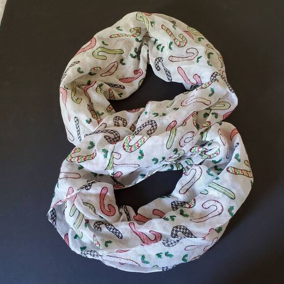 Candy Cane Infinity Scarf Womens White Red Christmas Rectangle Wrap Sheer New - Picture 2 of 8
